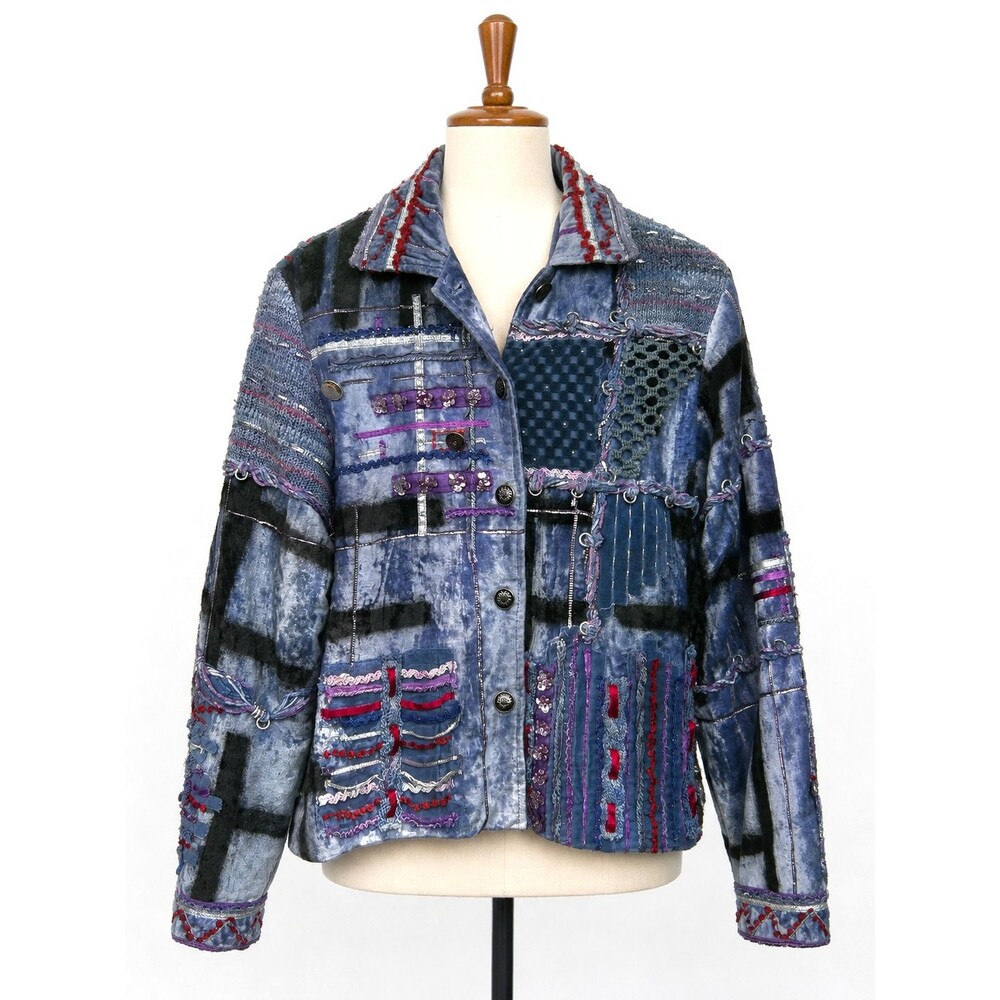 Sandy Starkman Jacket Size Medium Velvet Embroidered Sequin Button Front Colors